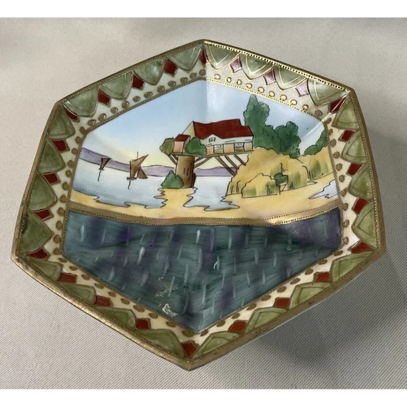 Imperial Nippon Hand Painted Footed Candy Dish Hexagon Water Scene READ 7” VTG - Picture 2 of 9